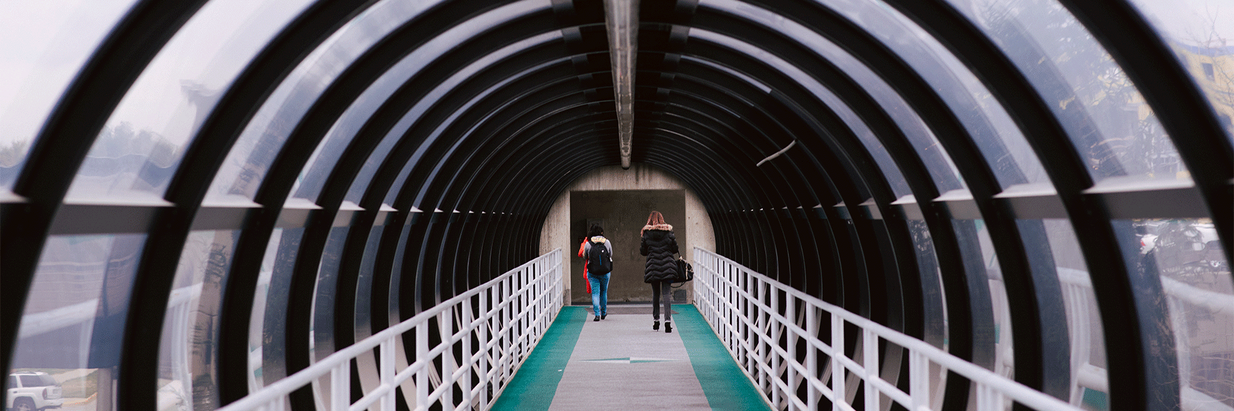 Students walking down the tunnels in winter time. 